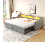 Cama nido 90/180 x 200 cm con compartimento de almacenaje - leds y puertos usb - somier de láminas - gris claro (sin colchón)