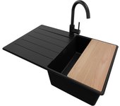 Primagran fregadero granito todo negro 78x50cm, fregadero cocina 1 seno + sifón + accesorios, fregadero sobre encimera al mueble 45cm - copenhague