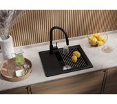 Primagran fregadero granito todo negro 55x44cm, fregadero cocina 1 seno + sifón + accesorios, fregadero sobre encimera al mueble 45cm