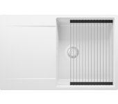 Primagran fregadero cocina todo blanco 78x50cm, fregadero granito 1 seno + sifón + accesorios, fregadero sobre encimera al mueble 50cm