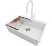 Primagran fregadero granito blanco 68x50cm, fregadero cocina 1 seno + sifón + accesorios, fregadero sobre encimera al mueble 70cm - oslo