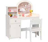 Tocador infantil con luz led de dos colores, mesa de maquillaje para niña con espejo acrílico, conjunto con estantería, cajones y armario, para 3 años