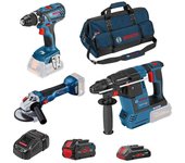Bosch atornillador + amoladora + taladro + 2 baterías + kit cargador - 0615990m3c