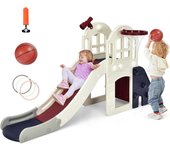 6 en 1 tobogán para niños con canasta de baloncesto, tobogán multifuncional para bebés con tobogán de 140cm, juego de lanzamiento de anillas, tobogán
