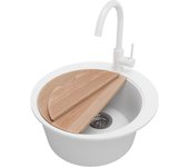 Primagran fregadero granito circular blanco 50x50cm, fregadero cocina 1 seno + sifón + accesorios, fregadero sobre encimera al mueble 45cm - pisa