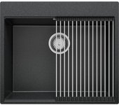 Primagran fregadero cocina grafito 58x50cm, fregadero granito 1 seno + sifón + enrollable escurridor, fregadero sobre encimera al mueble 60cm - oslo
