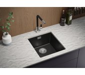 Primagran fregadero bajo encimera negro 41x47cm, fregadero cocina 1 seno + sifón, fregadero granito al mueble 45cm - london