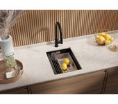 Primagran fregadero bajo encimera negro 36x47cm, fregadero cocina 1 seno + sifón + enrollable escurridor, fregadero granito al mueble 40cm - prague