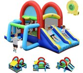 Trampolín inflable con tobogán doble, zona de salto, portería de fútbol, llanta de baloncesto, casa hinchable para exteriores con accesorios, para niñ