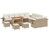 Conjunto de sofá de jardín de 14 piezas con cojines beige poliratán acacia, conjunto de comedor de jardín de 4 piezas con cojines beige poliratán acac