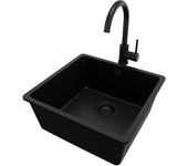 Primagran fregadero granito todo negro 46x44cm, fregadero cocina 1 seno + sifón + accesorios, fregadero sobre encimera al mueble 50cm