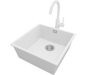 Primagran fregadero bajo encimera blanco 46x47cm, fregadero granito 1 seno + grifo 32x20cm + sifón, fregadero cocina al mueble 50cm - london