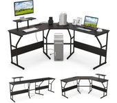 Escritorio en l con estación de carga integrada, con soporte para monitor móvil, de 225 cm para 2 personas, mesa de oficina, negro