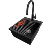 Primagran fregadero granito negro 43x50cm, fregadero cocina 1 seno + sifón + accesorios, fregadero sobre encimera al mueble 45cm - oslo