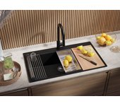 Primagran fregadero cocina negro metallic 88x50cm, fregadero granito 1 seno + sifón + tabla de cortar, fregadero sobre encimera al mueble 90cm - oslo