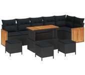 Conjunto de sofás de jardín de 10 piezas con cojines negro poliratán acacia, conjunto de comedor de jardín de 4 piezas con cojines negro poliratán aca