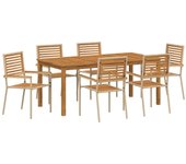 Vidaxl juego de comedor de jardín de 7 piezas beige de poly rattan acacia, vidaxl sillas de jardín apilables con cojines - set de 2 en beige de poly r