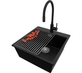 Primagran fregadero granito negro 48x50cm, fregadero cocina 1 seno + sifón + accesorios, fregadero sobre encimera al mueble 50cm - oslo