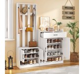 Conjunto zapatero con banco zapatero - 140,6 x 32 x 180 cm - 4 puertas, 1 cajón y perchero - tablero de partículas - blanco