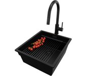 Primagran fregadero bajo encimera todo negro 41x47cm, fregadero granito 1 seno + sifón + accesorios, fregadero cocina al mueble 45cm - prague