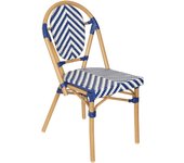 Silla de jardín estilo bistró parisino en aluminio y ratán azul.