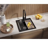 Primagran fregadero cocina negro 48x50cm, fregadero granito 1 seno + sifón + enrollable escurridor, fregadero sobre encimera al mueble 50cm - oslo