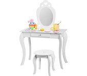 Tocador para niña de estilo princesa europeo, de maquillaje infantil con taburetes, espejo y cajón de mdf, patas de madera de pino, 70x34x105cm,blanco