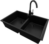 Primagran fregadero granito todo negro 78x50cm, fregadero cocina 2 senos + sifón + accesorios, fregadero sobre encimera al mueble 80cm - madrid twin