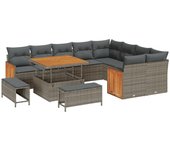 Conjunto de sofá de jardín de 12 piezas con cojines gris poliratán acacia, conjunto de comedor de jardín de 3 piezas con cojines gris poliratán acacia