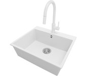 Primagran fregadero granito blanco 58x50cm, fregadero cocina 1 seno + grifo 40x22cm + sifón, fregadero sobre encimera al mueble 60cm - riga