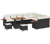 Conjunto de sofás de jardín de 12 piezas con cojines negro poliratán acacia, conjunto de comedor de jardín de 3 piezas con cojines negro poliratán aca