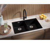 Primagran fregadero cocina negro 76x47cm, fregadero granito 2 senos + sifón, fregadero sobre encimera al mueble 80cm - london slim twin