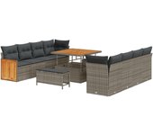 Conjunto de sofás de jardín de 11 piezas con cojines gris poliratán acacia, conjunto de comedor de jardín de 3 piezas con cojines gris poliratán acaci