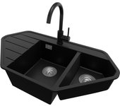 Primagran fregadero granito de esquina negro 90x50cm, fregadero cocina 1,5 senos + sifón + accesorios, fregadero sobre encimera al mueble 80cm
