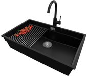 Primagran fregadero bajo encimera negro 76x47cm, fregadero granito 1 seno + sifón + accesorios, fregadero cocina al mueble 80cm - prague
