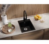 Primagran fregadero cocina negro 38x50cm, fregadero granito 1 seno + sifón, fregadero sobre encimera al mueble 40cm - riga