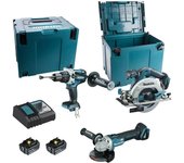 Juego de 3 máquinas 18 v li-ion 5 ah makita taladro dhp481 + amoladora dga506 + sierra dhs680 - 2 baterías, cargador, maletín - dlx3095ptj