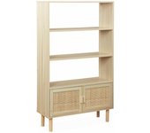 Librería con caña y efecto madera, 3 niveles y 2 puertas, camargue, natural, 80x30x140 cm