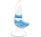 Silla colgante mecedora once. muebles de jardin o terraza blanco, cojines azul