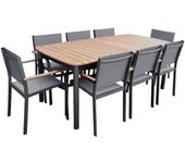 Mesa de jardín de madera y aluminio, 8 sillas, samana, antracita, 254.4x93.5x76 cm