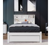 Cama individual de madera maciza con cajones - somier de láminas y librería - cama para adolescentes y adultos - 90 x 200 cm - blanco