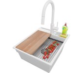 Primagran fregadero granito blanco 43x53cm, fregadero cocina 1 seno + sifón + accesorios, fregadero sobre encimera al mueble 45cm - oslo pocket