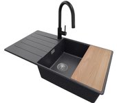 Primagran fregadero granito grafito 90x50cm, fregadero cocina 1 seno + sifón + accesorios, fregadero sobre encimera al mueble 60cm - copenhague