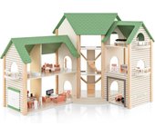 Casa de muñecas de madera para niños, juego de casa de ensueño con 36 accesorios, 6 habitaciones con escaleras y balcones incorporados, garaje con 2