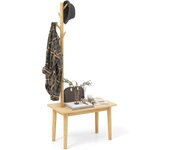 Perchero de madera con banco, puerta de entrada con mesa auxiliar, 4 ganchos redondeados, de madera, para sombrero, carga 150 kg, 76x43x168cm(natural)