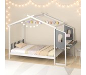 Cama infantil con escritorio, estructura de cama de madera con escritorio lateral, 2 cajones y cabecero, cama en forma de casita para niños y niñas,