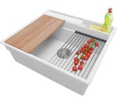 Primagran fregadero cocina blanco 58x53cm, fregadero granito 1 seno + sifón + accesorios, fregadero sobre encimera al mueble 60cm - oslo pocket
