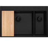Primagran fregadero cocina todo negro 78x50cm, fregadero granito 2 senos + sifón + accesorios, fregadero sobre encimera al mueble 80cm - oslo duo