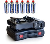 Hornillo de gas portátil 2200w + 6 cartuchos de gas butano 250gr camping brixo