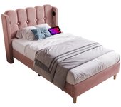 Cama tapizada rosa, cama individual de 90 x 200 cm con función de carga usb tipo c, somier con soporte plano para fideos.
